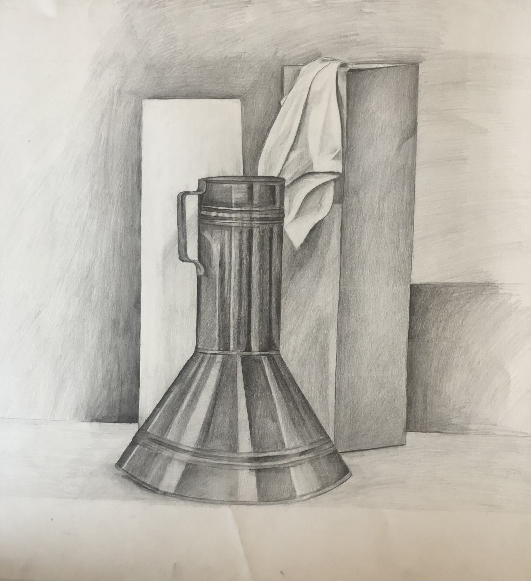 Pencil study of a megaphone-like funnel with draped cloth and panels