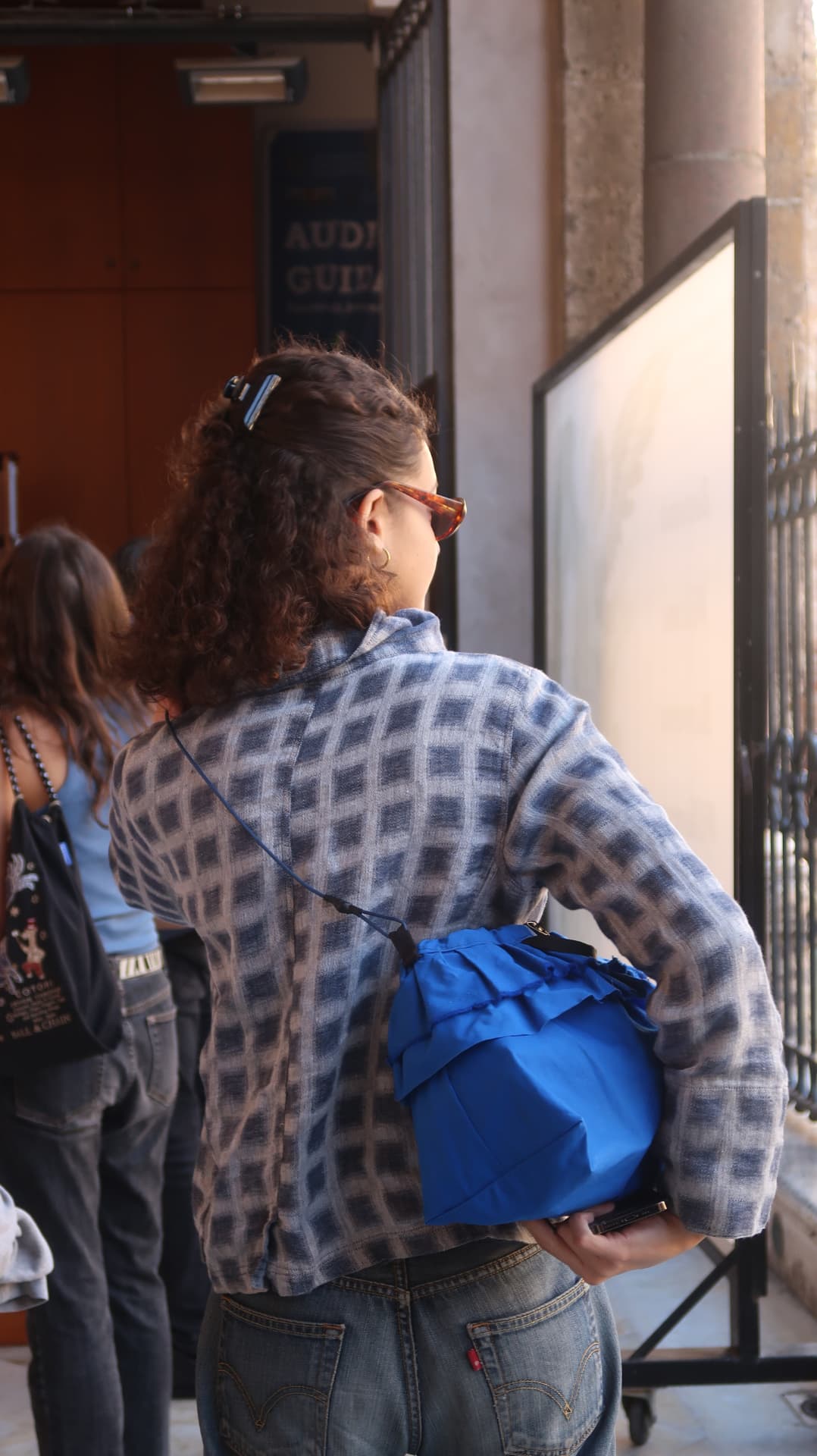 Woman in a checked shirt with a blue bag seen from behind at a museum entrance