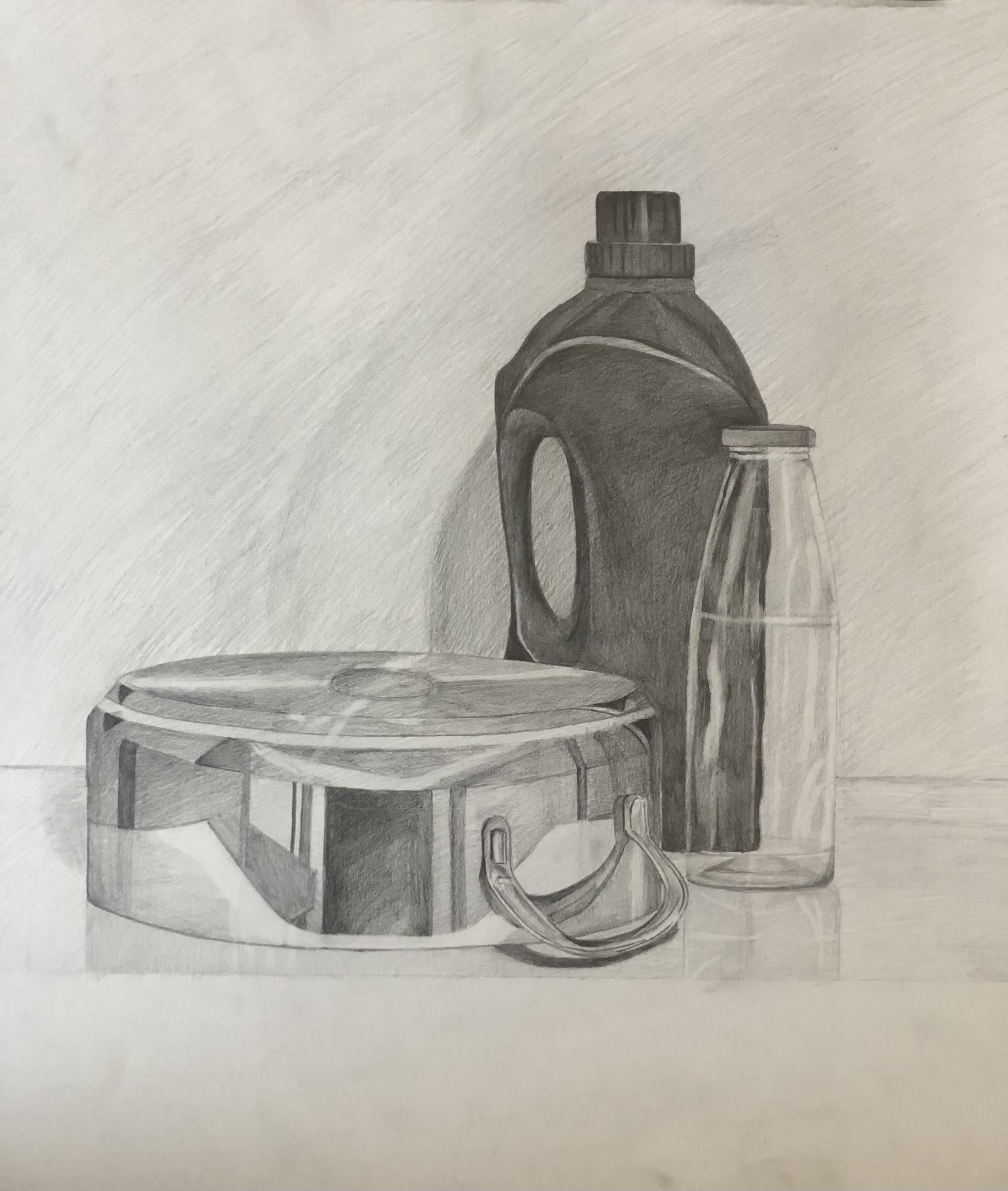 Graphite still life of a detergent bottle, milk bottle and lidded container