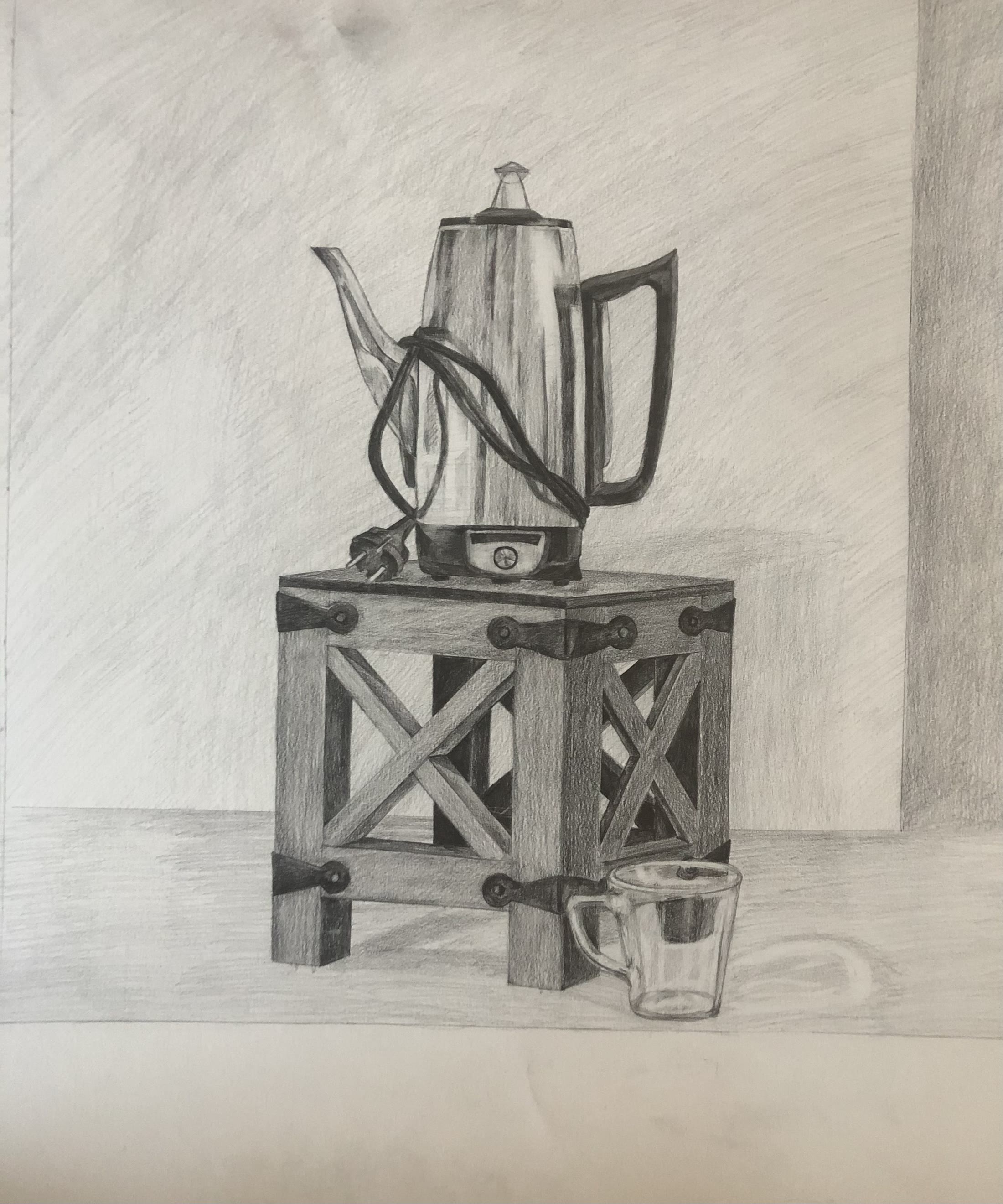 Graphite study of a coffee pot on a wooden crate beside a glass cup